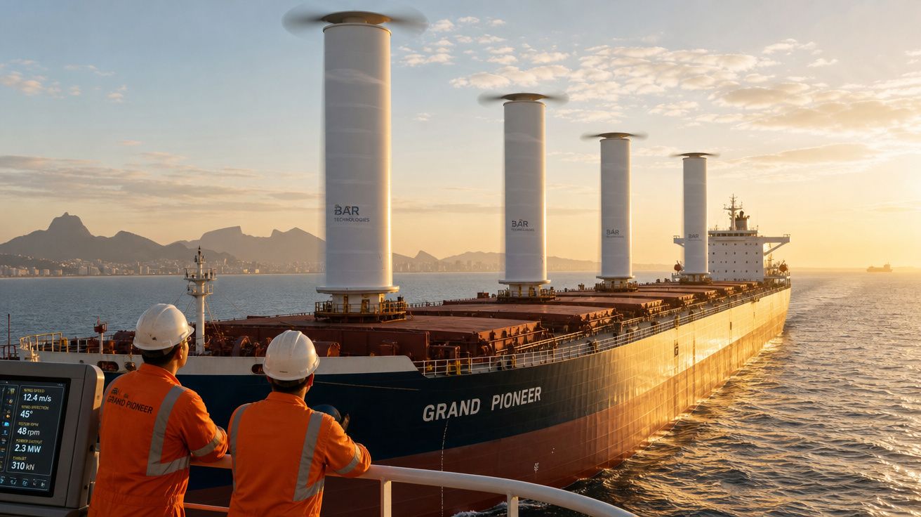 Navio cargueiro Grand Pioneer com quatro velas giratórias em operação no mar ao pôr do sol, com dois trabalhadores observando