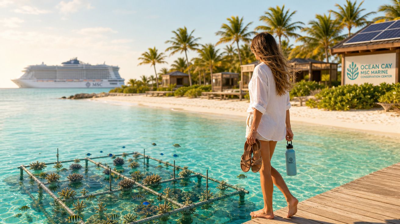 Mulher de camiseta branca na praia com coqueiros e navio de cruzeiro ao fundo no Ocean Cay MSC Marine Center.