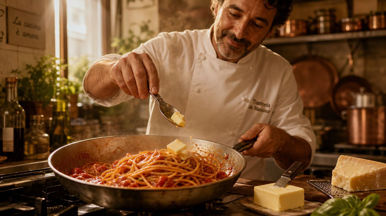 Chef adicionando manteiga em macarrão com molho de tomate em cozinha rústica italiana.