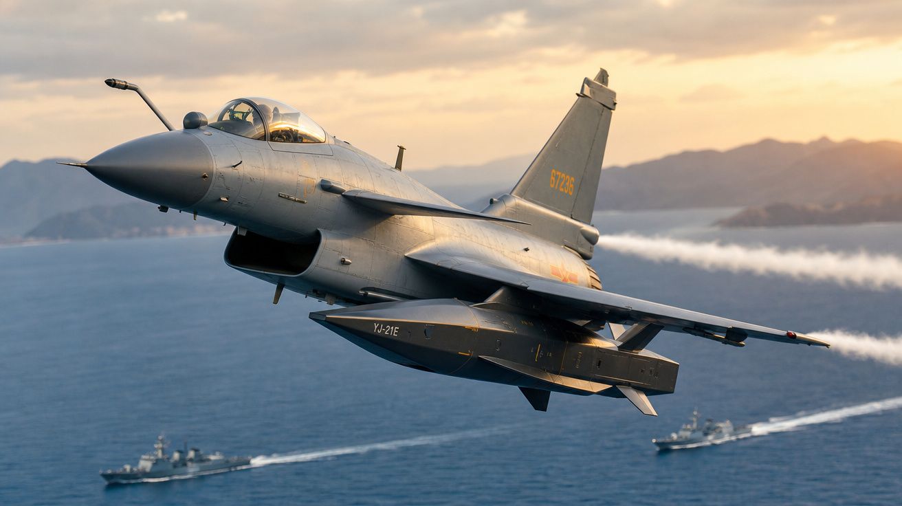 Caça militar cinza voando sobre o mar com duas embarcações ao fundo ao pôr do sol.
