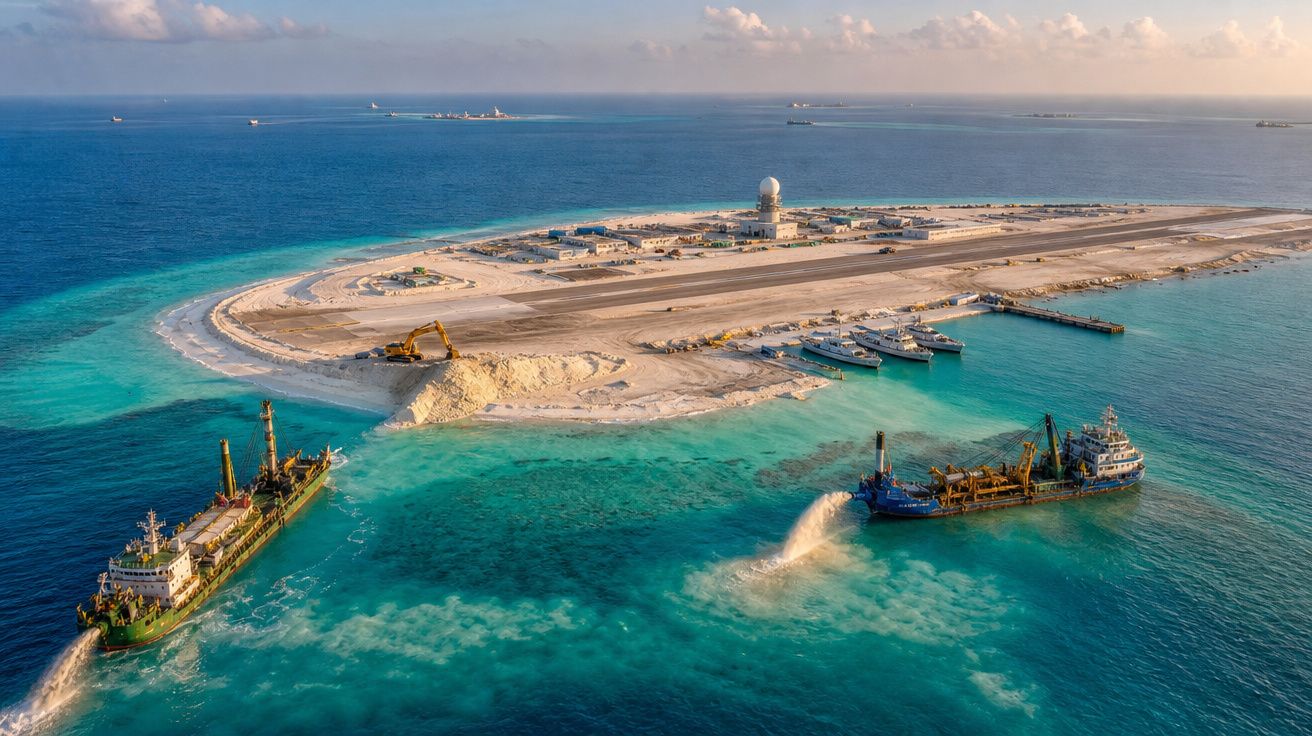 Ilha artificial com pista de pouso, embarcações e máquinas realizando dragagem no mar azul-turquesa.