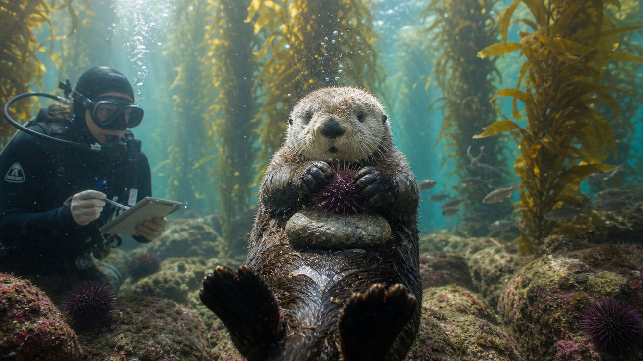 Lontra marinha submersa segurando ouriço-do-mar com mergulhador observando ao fundo em floresta de algas.