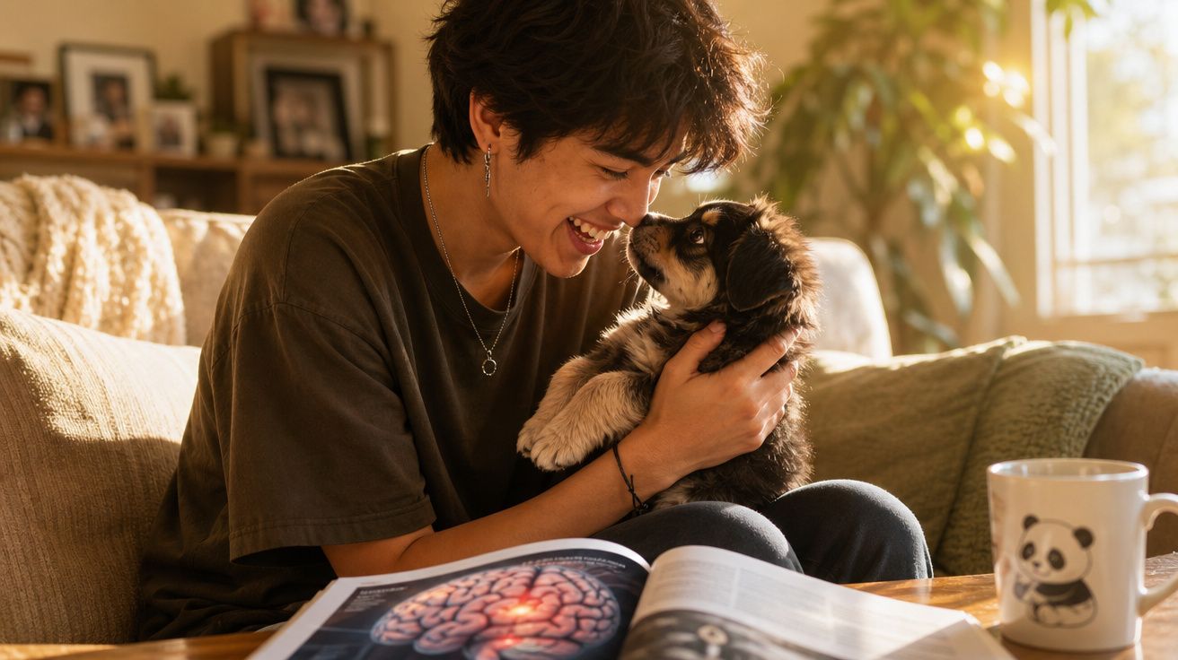 Pessoa sorrindo segurando filhote de cachorro na sala com livro aberto e caneca na mesa.