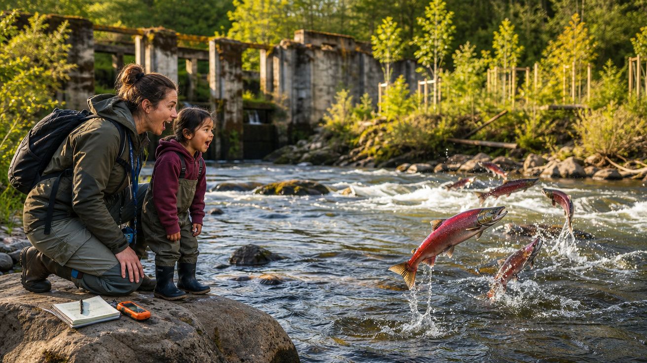 Mulher e criança observam peixes pulando em rio perto de ruínas e vegetação exuberante ao entardecer.