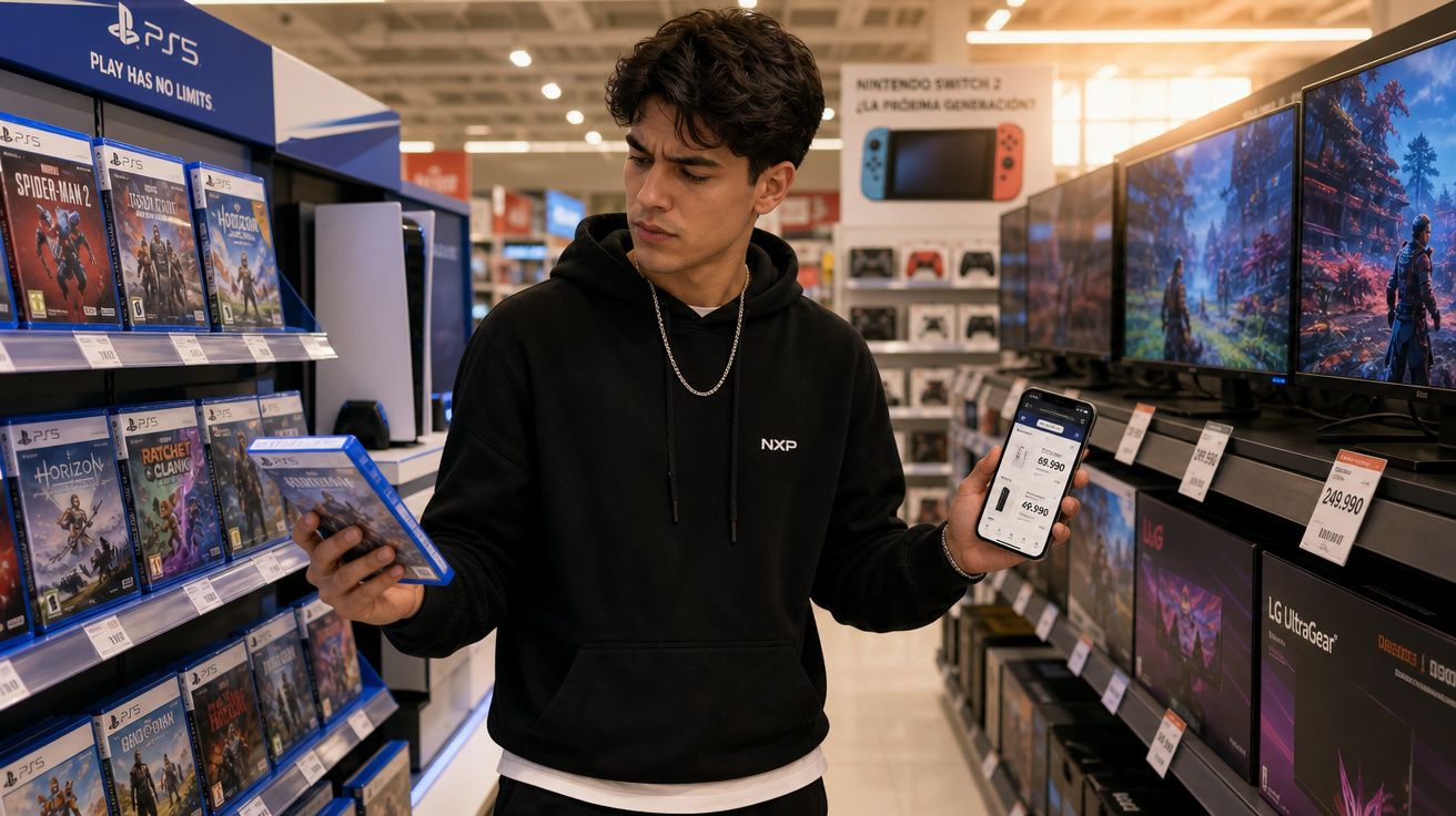 Jovem em loja de eletrônicos segura jogo de PS5 em uma mão e celular com preço na outra.
