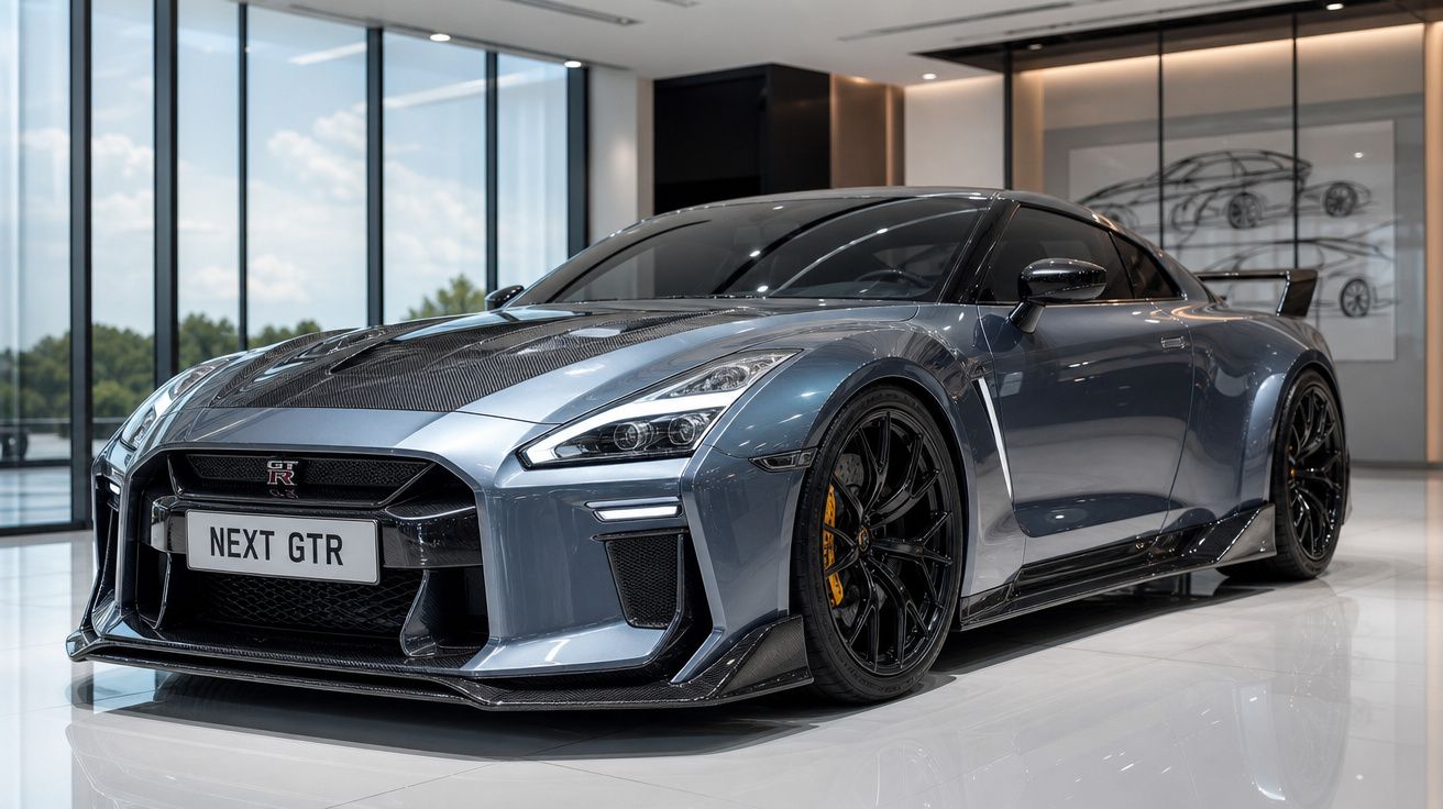 Carro esportivo cinza Nissan GT-R estacionado em showroom moderno com grandes janelas de vidro.