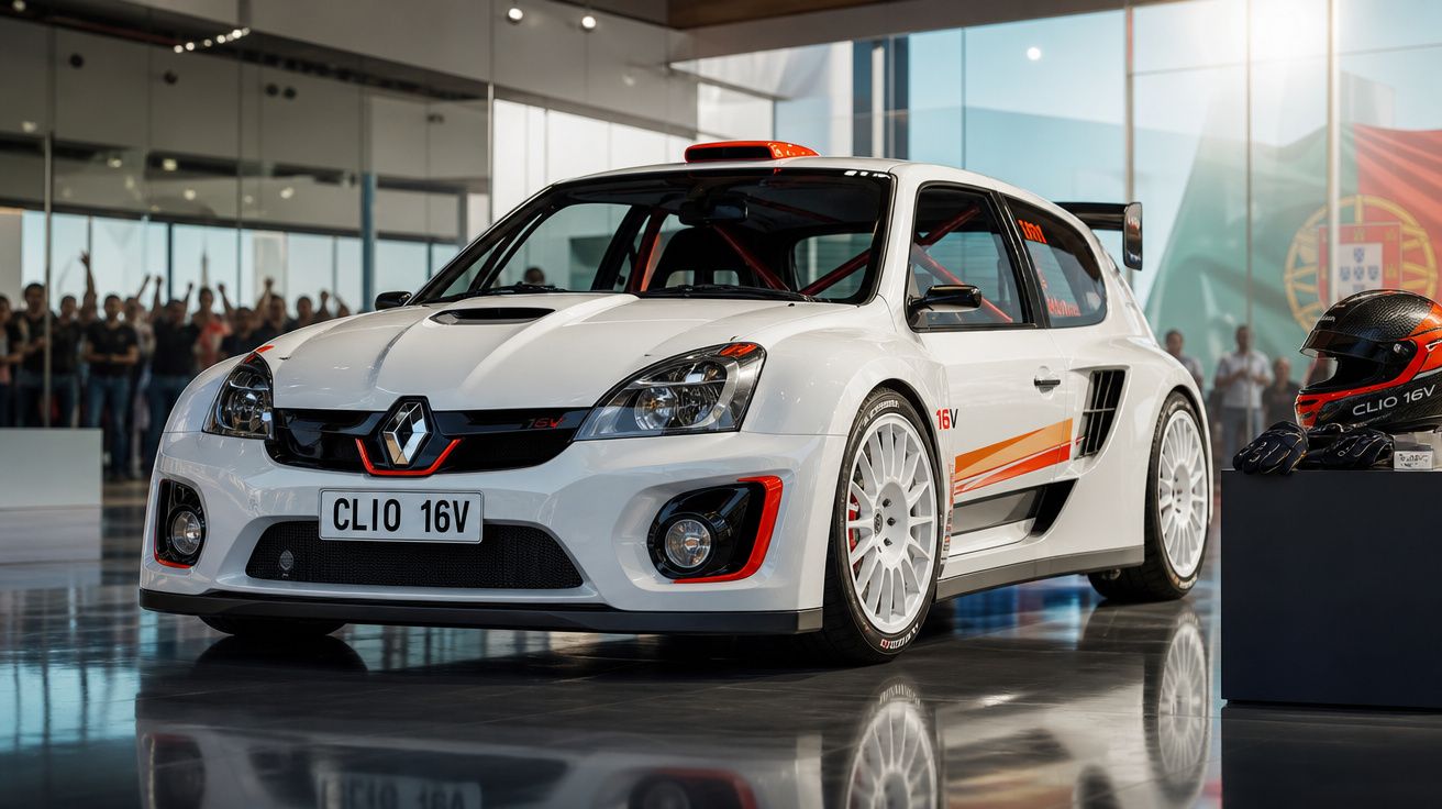 Carro Renault Clio 16V branco com detalhes laranja, em exposição interna com capacete ao lado.