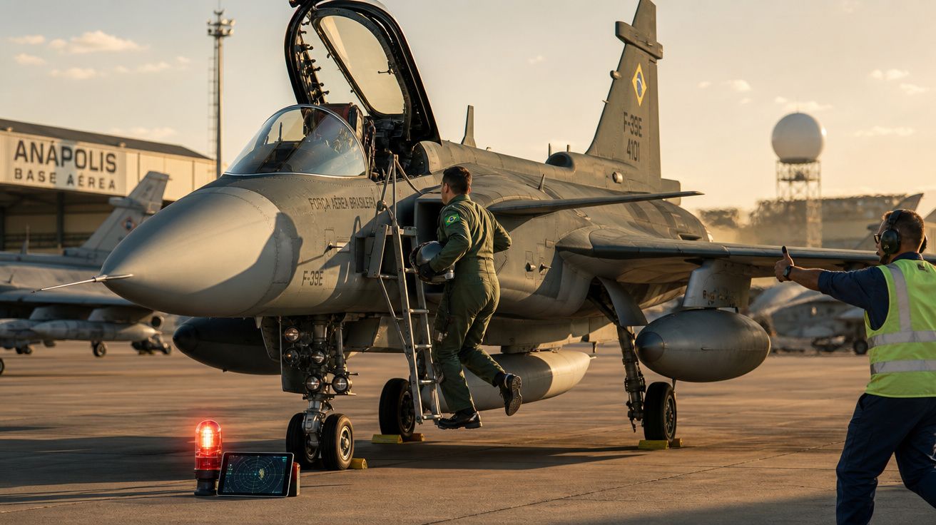 Piloto da Força Aérea Brasileira subindo em jato de combate na Base Aérea de Anápolis ao entardecer.