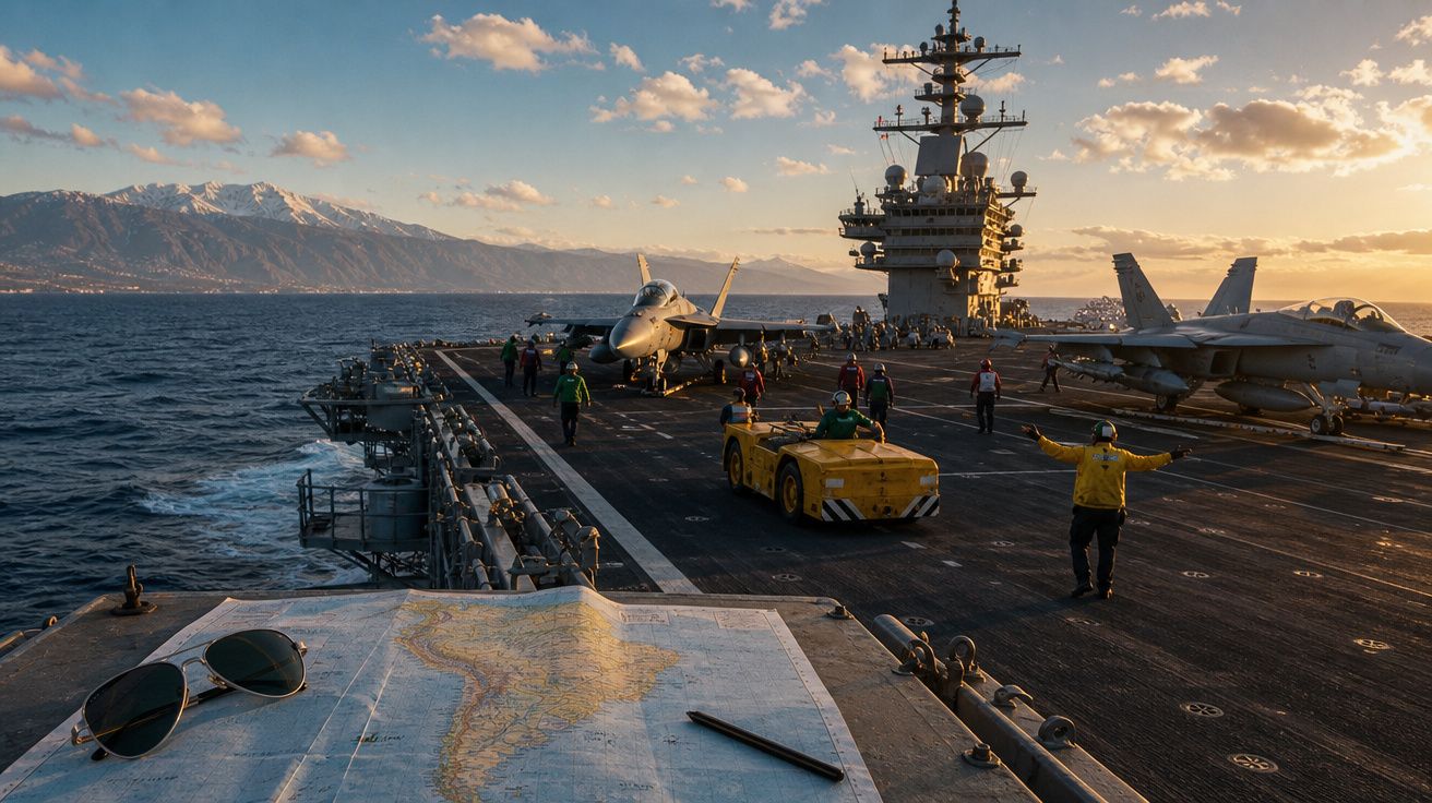 Porta-aviões com aviões de combate e equipe a trabalho ao pôr do sol, vista de um mapa náutico com óculos e caneta.