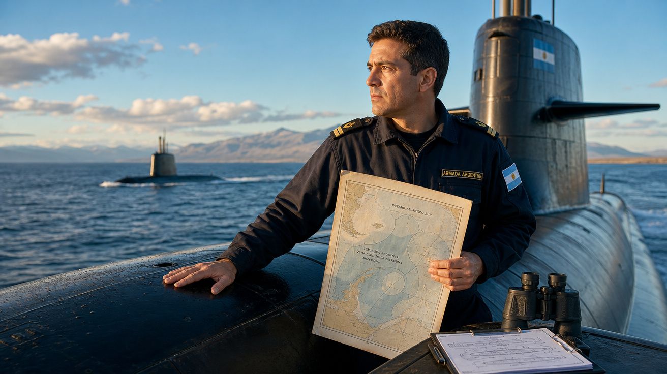 Oficial da Marinha Argentina em submarino segurando mapa náutico com outro submarino ao fundo no oceano.