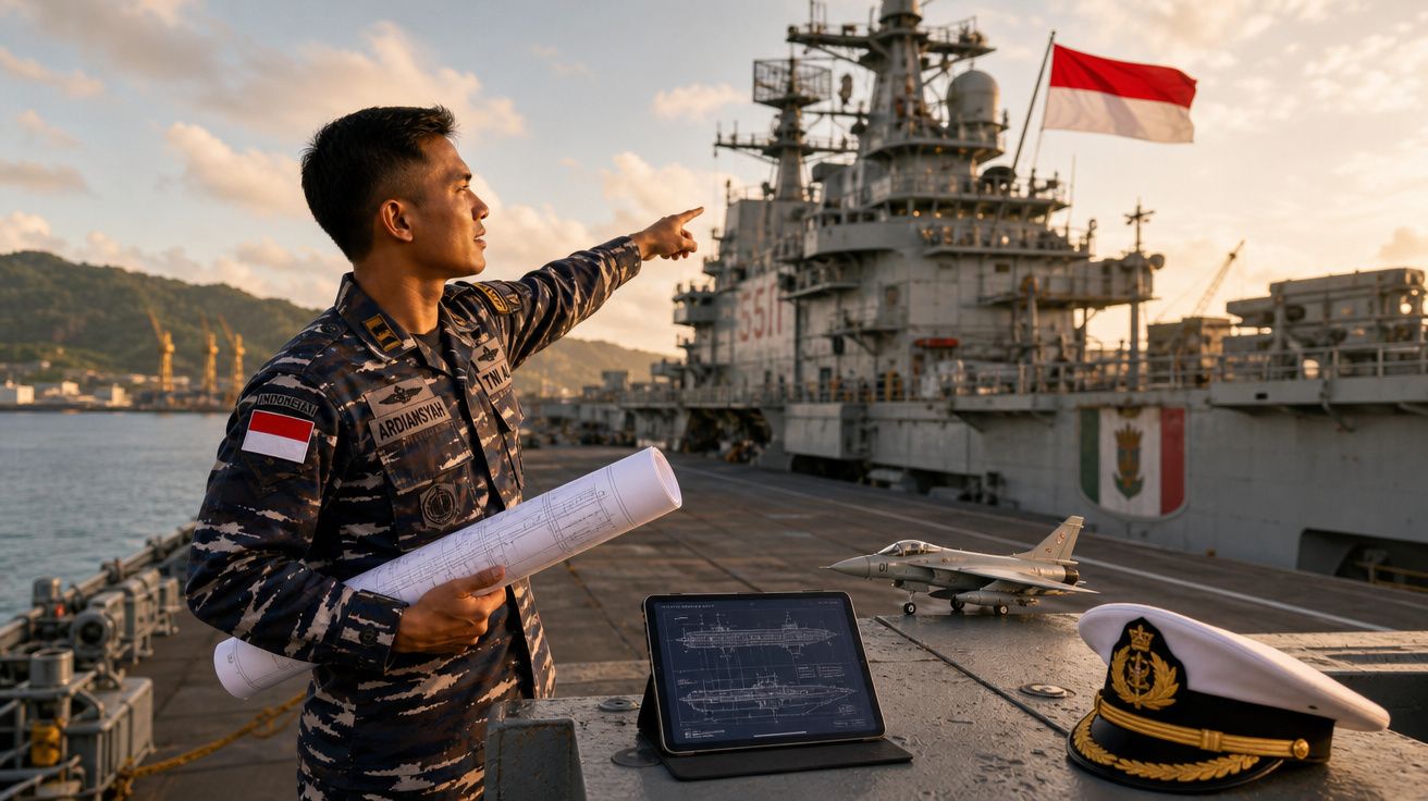 Militar com uniforme camuflado aponta para navio de guerra, segurando plantas e com maquete de avião e tablet sobre mesa.