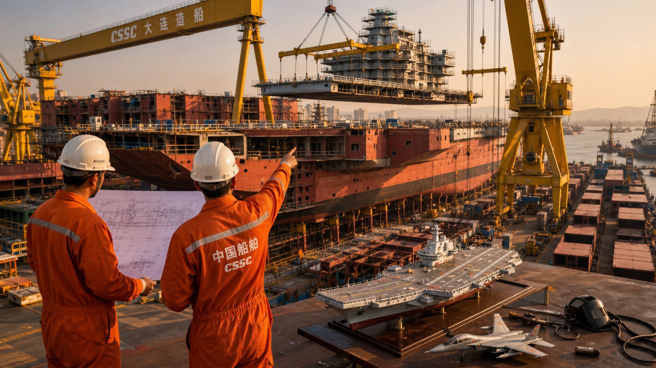 Dois trabalhadores de capacete e macacão laranja observam a construção de um grande navio em estaleiro.