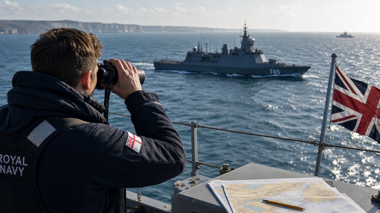 Marinheiro da Royal Navy observa navio militar pelo binóculo em alto mar ao lado de bandeira britânica.