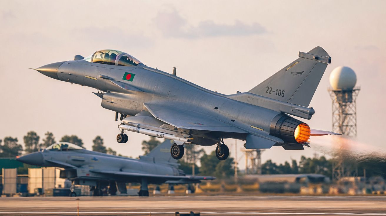 Caça militar decolando com motor em pós-combustão, base aérea e radar ao fundo no entardecer.