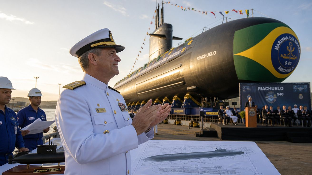 Oficial da Marinha do Brasil em uniforme branco aplaude diante do submarino nuclear Riachuelo na cerimônia de lançamento.