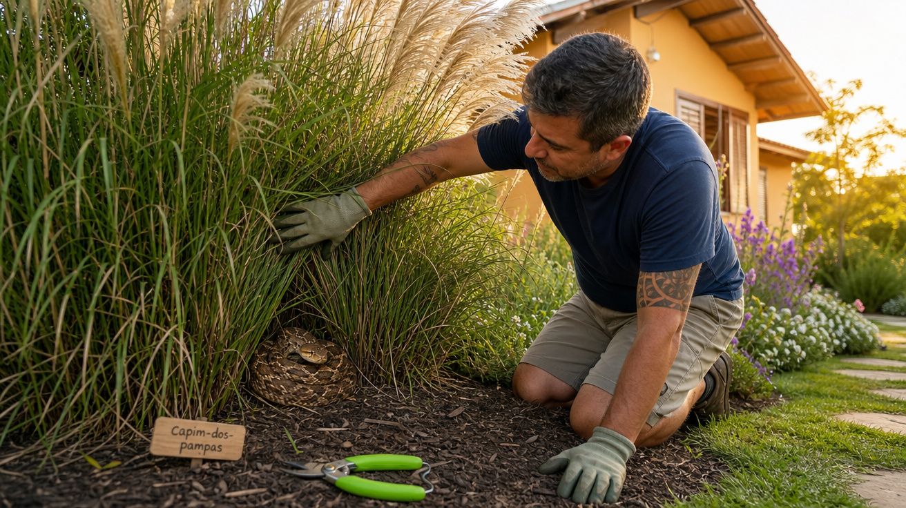 Homem ajoelhado no jardim próximo a planta capim-dos-pampas e um ninho com cobra pit viper.