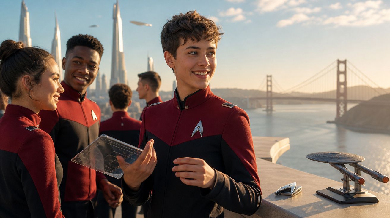 Jovens em uniformes futuristas conversam ao ar livre com ponte Golden Gate e modelo de nave espacial ao fundo.