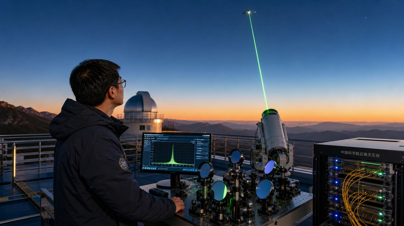 Pessoa operando equipamento com telescópio e laser verde apontando para drone em observatório ao entardecer.