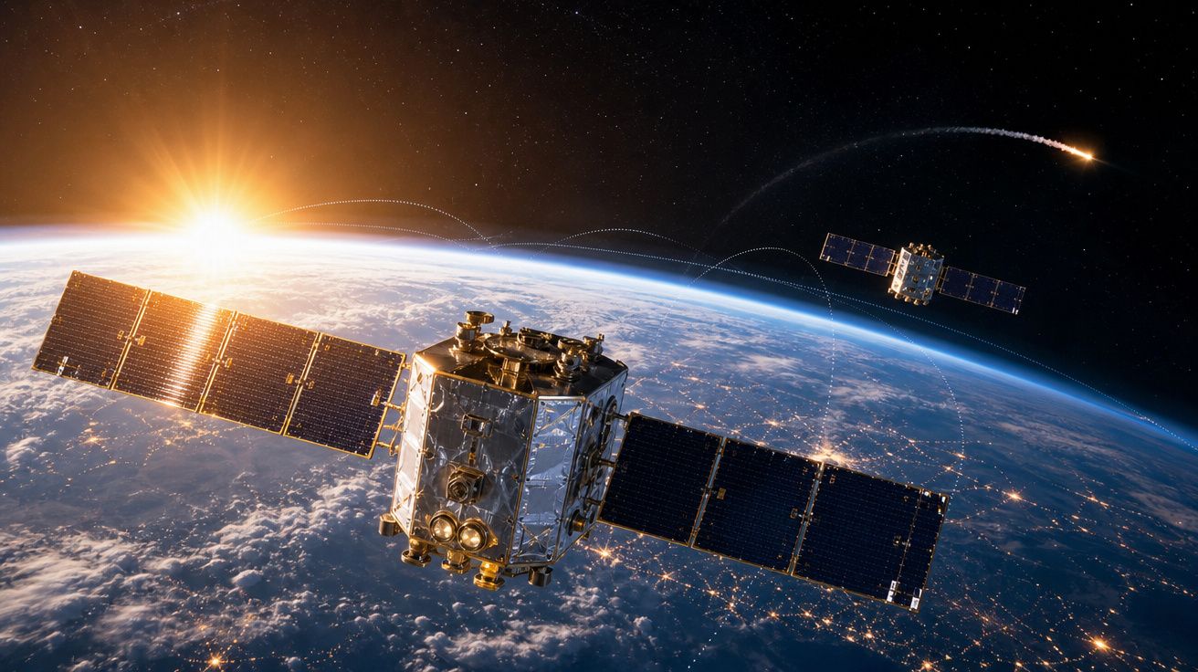 Satélites com painéis solares orbitando a Terra com o sol surgindo no horizonte.