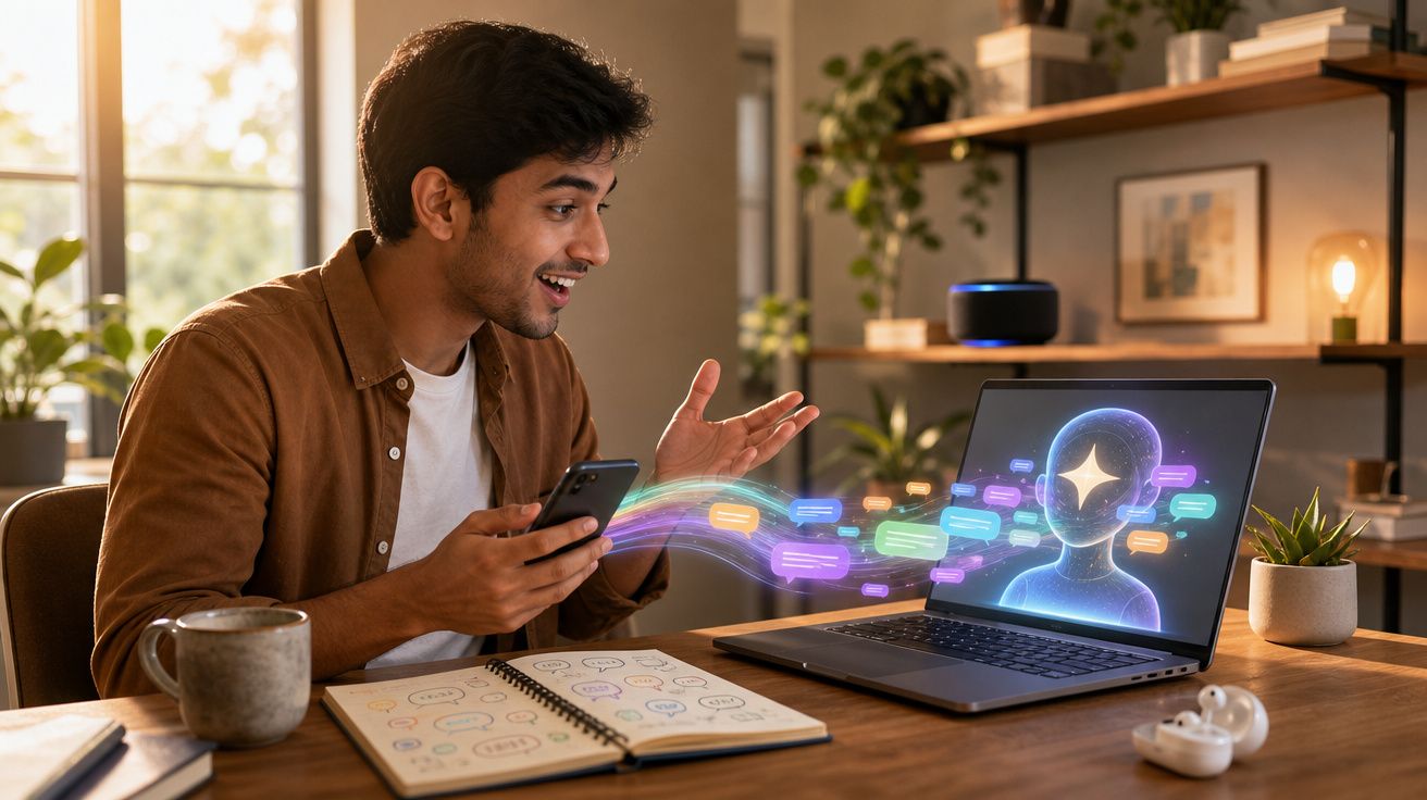 Homem conversa animado com assistente virtual holográfico em laptop, usando celular e caderno à mesa.