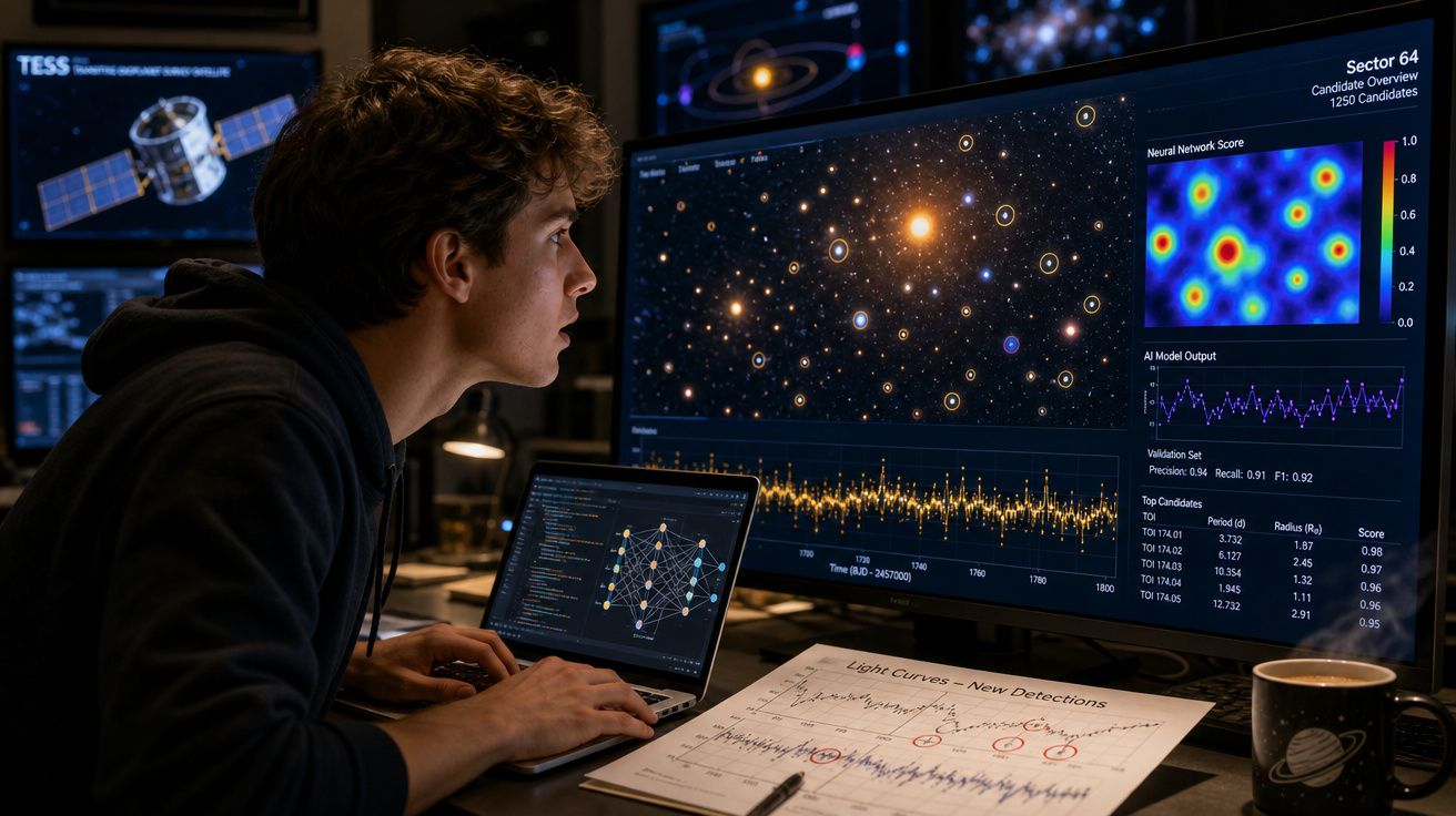 Jovem observa dados de estrelas e gráficos em telas, com laptop e anotações sobre curvas de luz à sua frente.