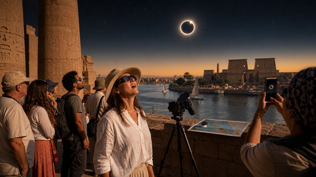 Pessoas observando eclipse solar total em sítio arqueológico às margens de um rio ao entardecer.
