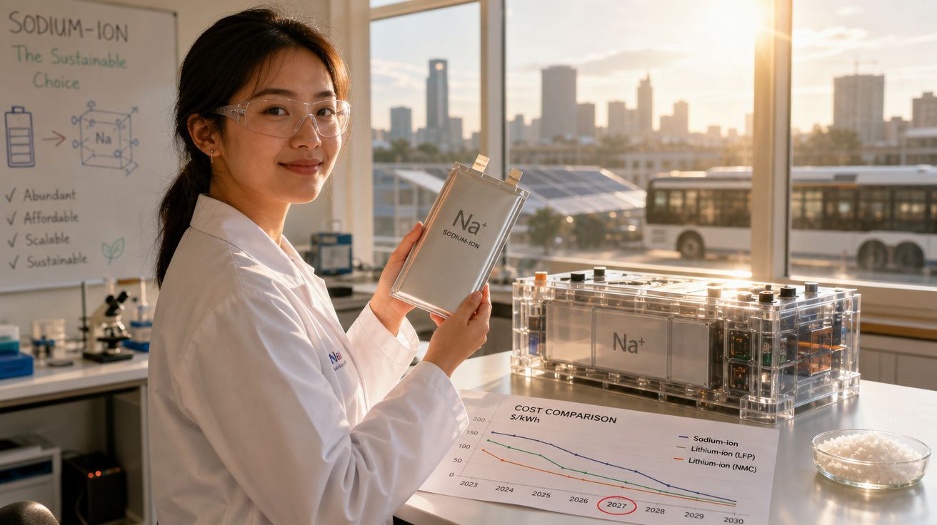 Mulher científica com jaleco e óculos de proteção segura bateria de íon de sódio em laboratório iluminado pelo sol.