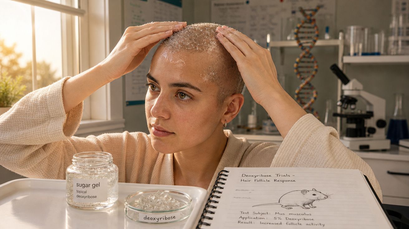Mulher careca toca a cabeça em laboratório com frascos de gel e caderno com desenho de rato.