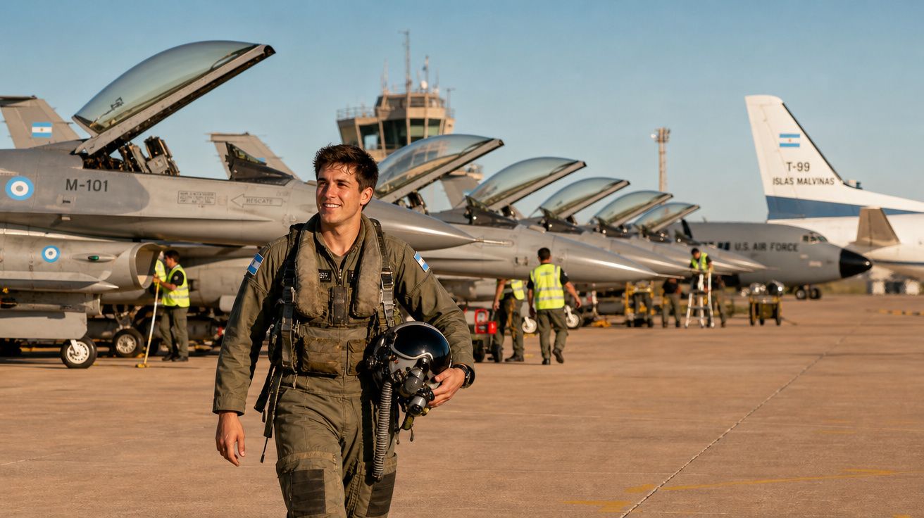 Piloto militar argentino sorridente caminhando ao lado de jatos em base aérea durante o dia.