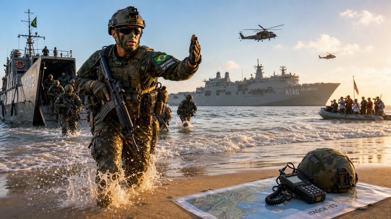 Soldado brasileiro emergindo do mar com soldados, navios e helicóptero ao fundo em operação militar.