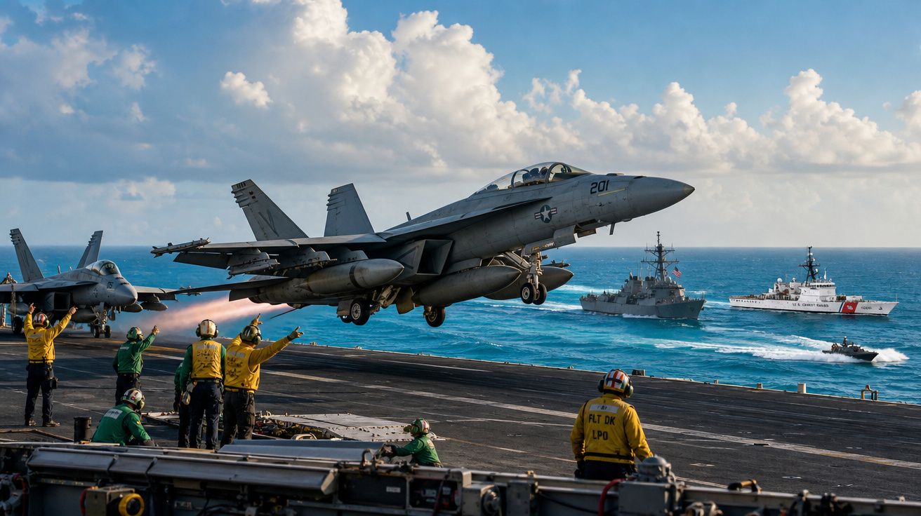 Caça F-18 decolando de porta-aviões com tripulação sinalizando e navios ao fundo no mar aberto.