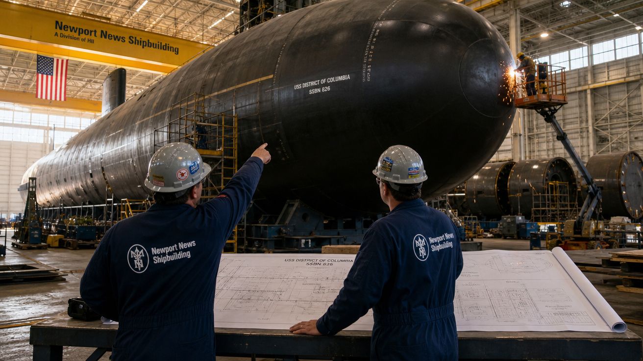 Dois trabalhadores observam e analisam o casco de um submarino preto em estaleiro naval.