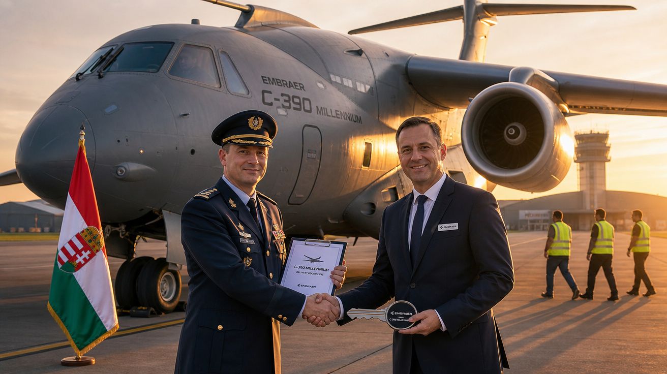 Dois homens apertam as mãos em frente a um avião Embraer C-390 Millennium durante cerimonia ao pôr do sol.