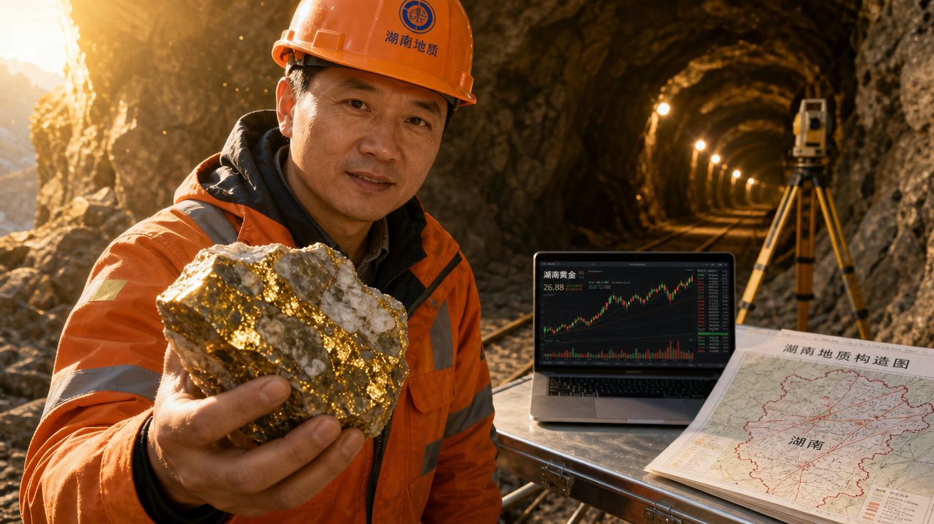 Homem com capacete e jaqueta laranja segura minério dourado em túnel de mineração, com mapa e laptop ao fundo.