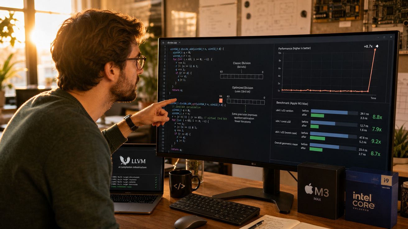 Homem analisando código e gráficos de desempenho em monitor ultrawide em escritório iluminado pelo sol.