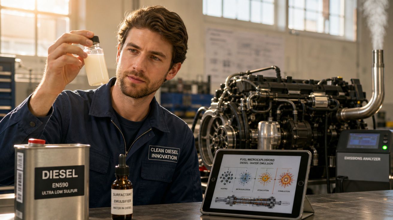 Homem em laboratório analisa líquido em frasco próximo a motor diesel e tablet com diagrama técnico.