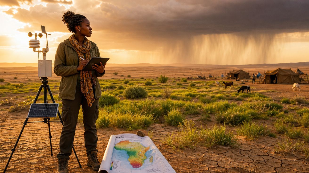 Mulher com tablet em estação meteorológica, mapa da África no chão, céu nublado e cabanas ao fundo.