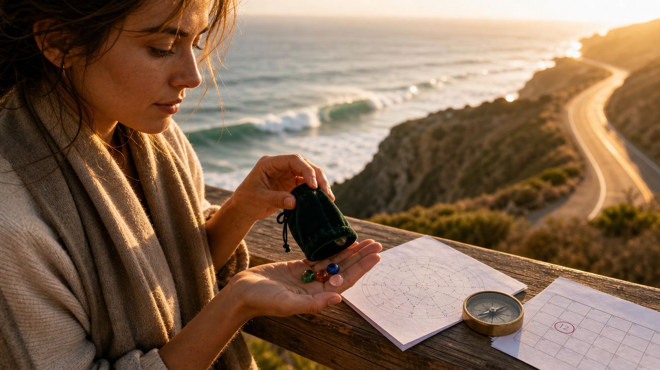 Mulher segurando pedras coloridas, com bússola e cartas à beira de penhasco com vista para o mar ao pôr do sol.