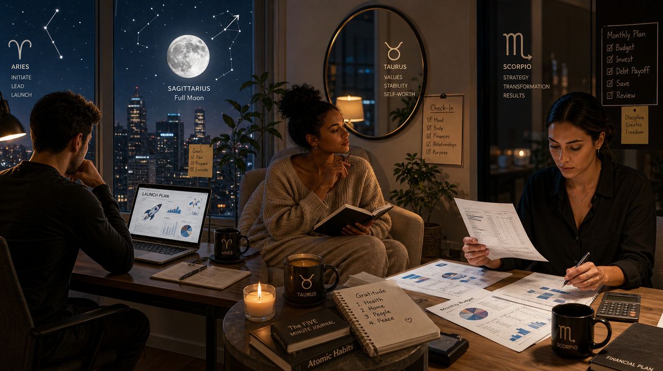 Grupo de três pessoas trabalhando à noite, estudando mapas astrológicos e planos financeiros em ambiente acolhedor.