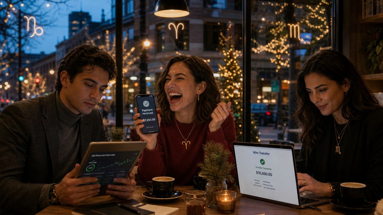 Três pessoas em café à noite, usando dispositivos mostrando transações financeiras e gráficos, decorado com signos do zodíaco