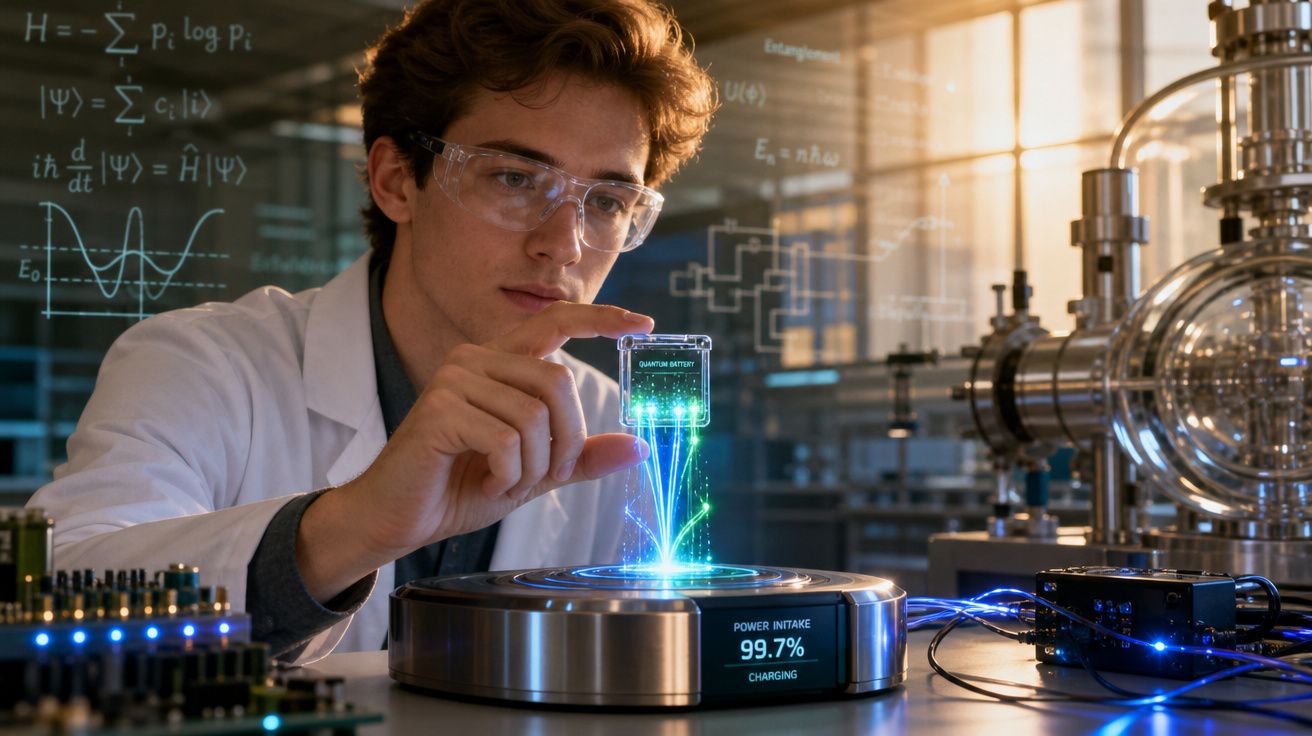 Cientista em laboratório segurando chip quântico com gráficos holográficos e equipamentos tecnológicos modernos.