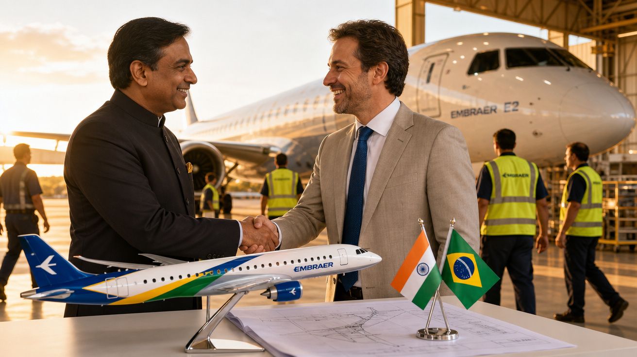 Dois homens apertando as mãos em frente a uma maquete de avião e bandeiras do Brasil e Índia em hangar.