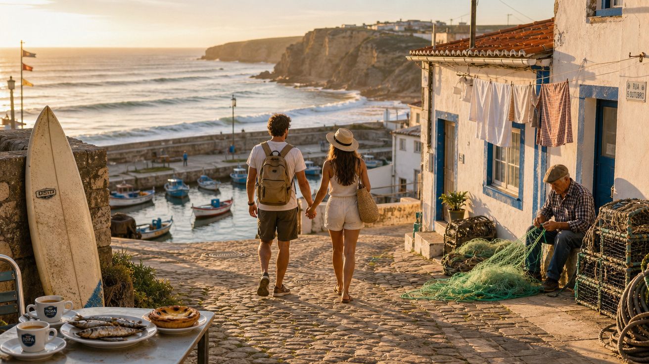 Casal de mãos dadas caminhando por rua de paralelepípedo em vila de pescadores com mar ao fundo ao entardecer.