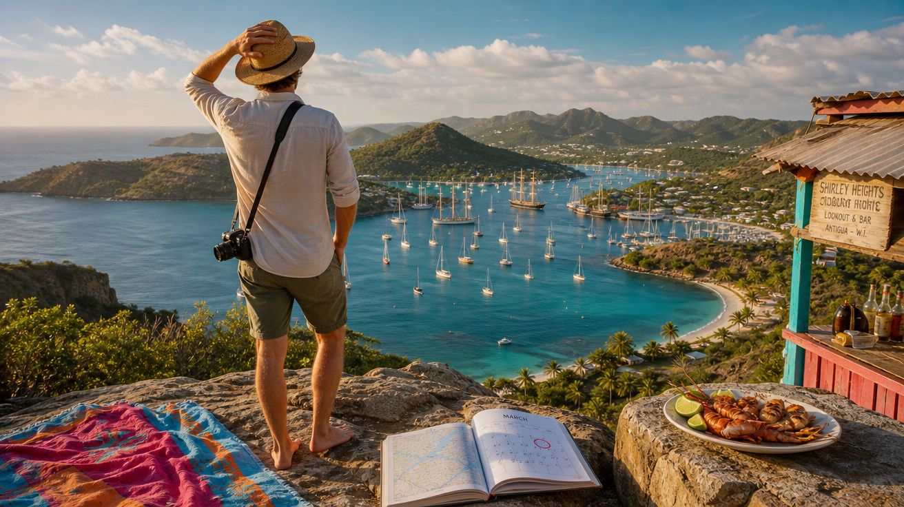 Homem de chapéu observa baía com veleiros, mapas e comida ao pôr do sol em local tropical.