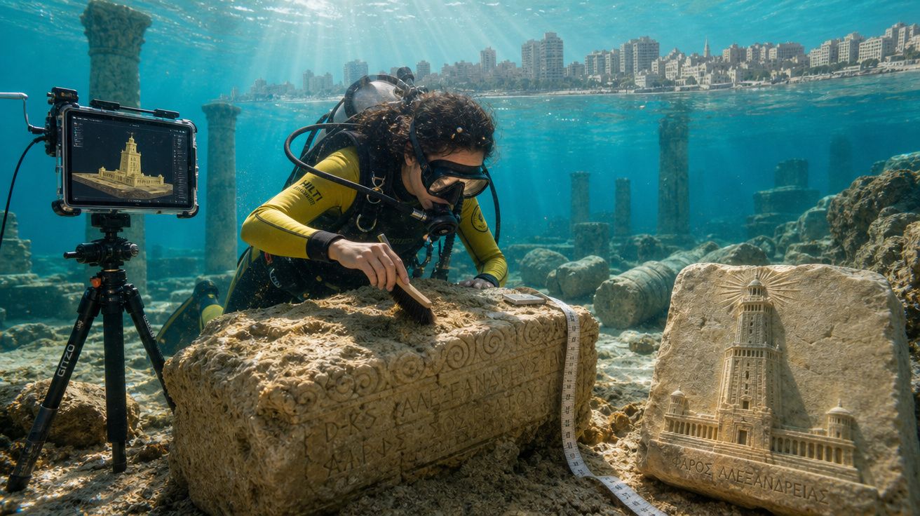 Mergulhadora escavando ruínas submarinas antigas com medidor e câmera, cidade ao fundo sob a água.