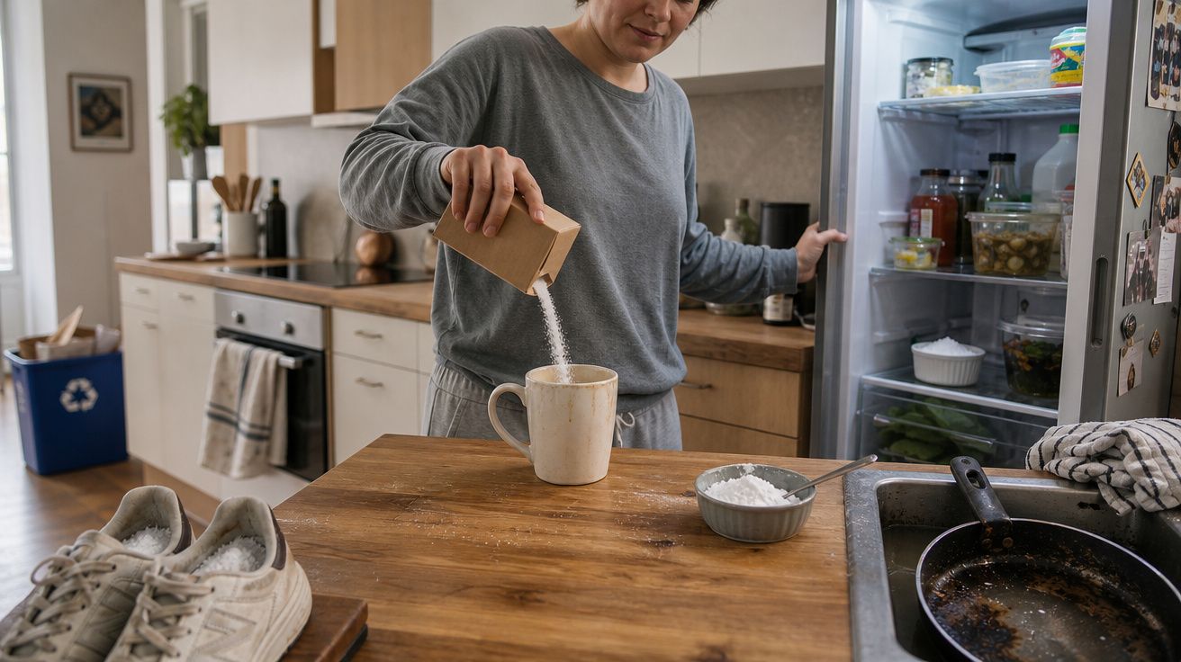 Pessoa em cozinha derramando açúcar em caneca com geladeira aberta ao fundo.