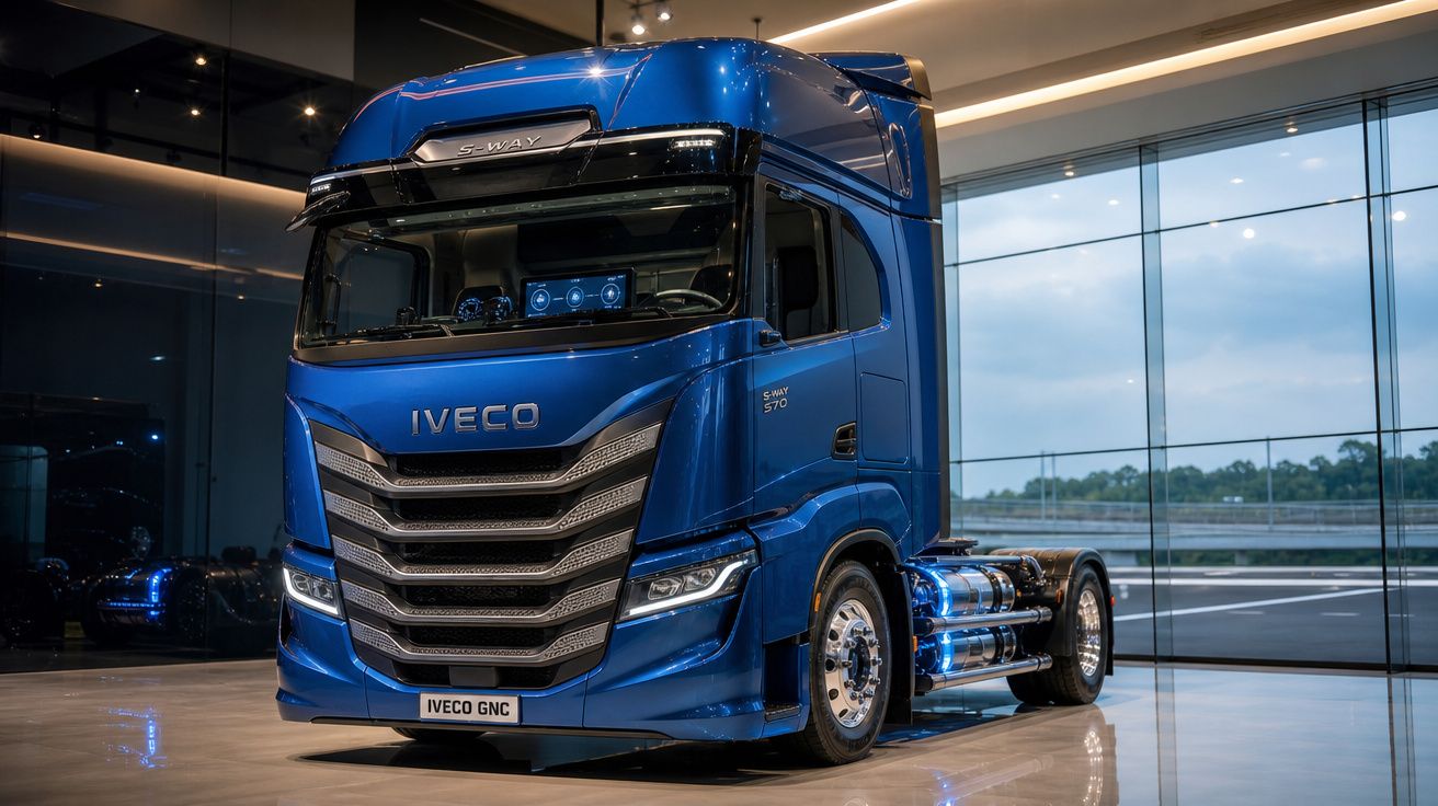 Caminhão Iveco S-Way 570 azul com cabine alta e design moderno exibido em showroom.