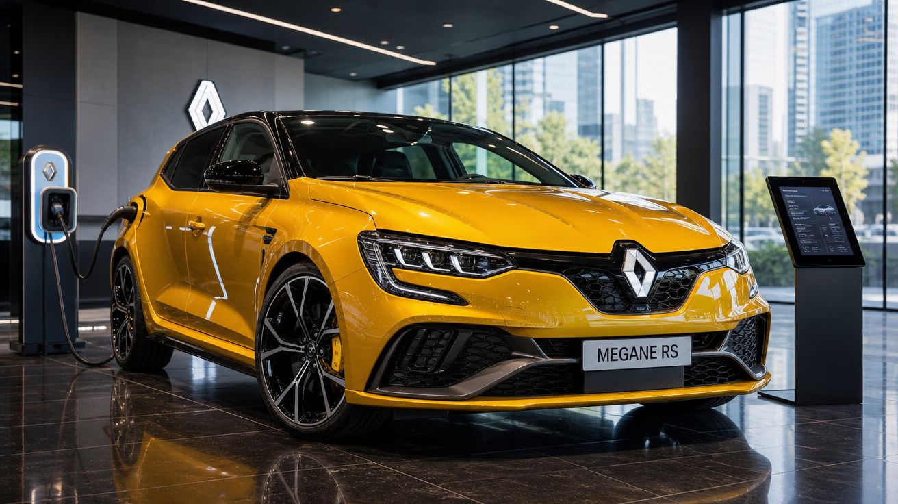 Carro esportivo amarelo Renault Megane RS em exposição, conectado a carregador elétrico, em showroom moderno.