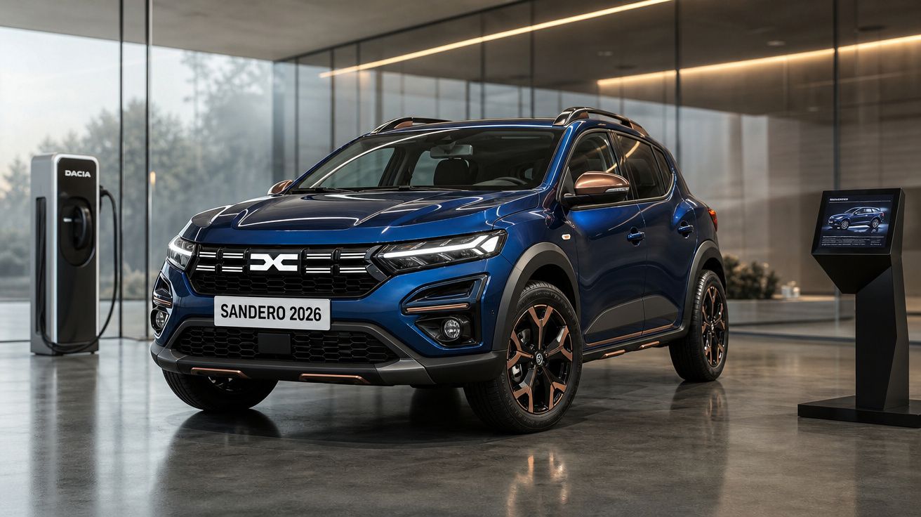 Carro SUV Dacia Sandero 2026 azul em showroom moderno com estação de carregamento elétrica.