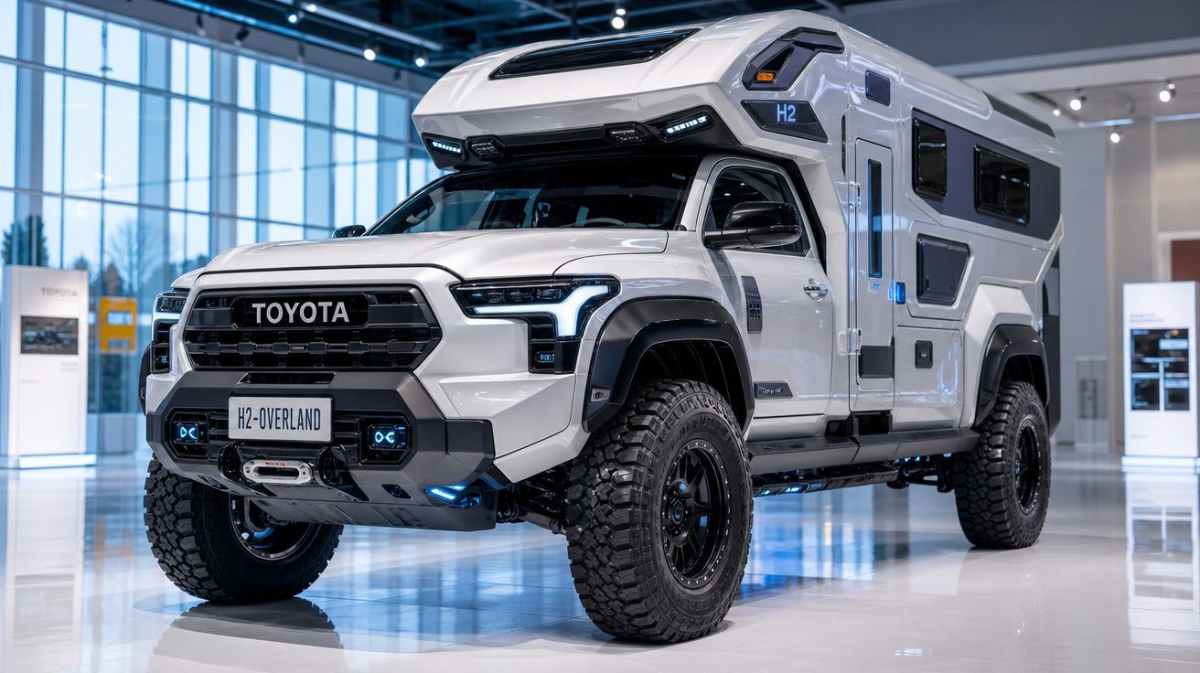 Picape Toyota H2-Overland branca com design robusto e camper destacável, exibida em showroom moderno.